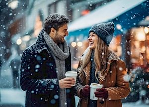couple enjoying drink in the snow