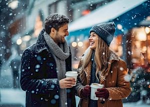 couple enjoying drink in the snow